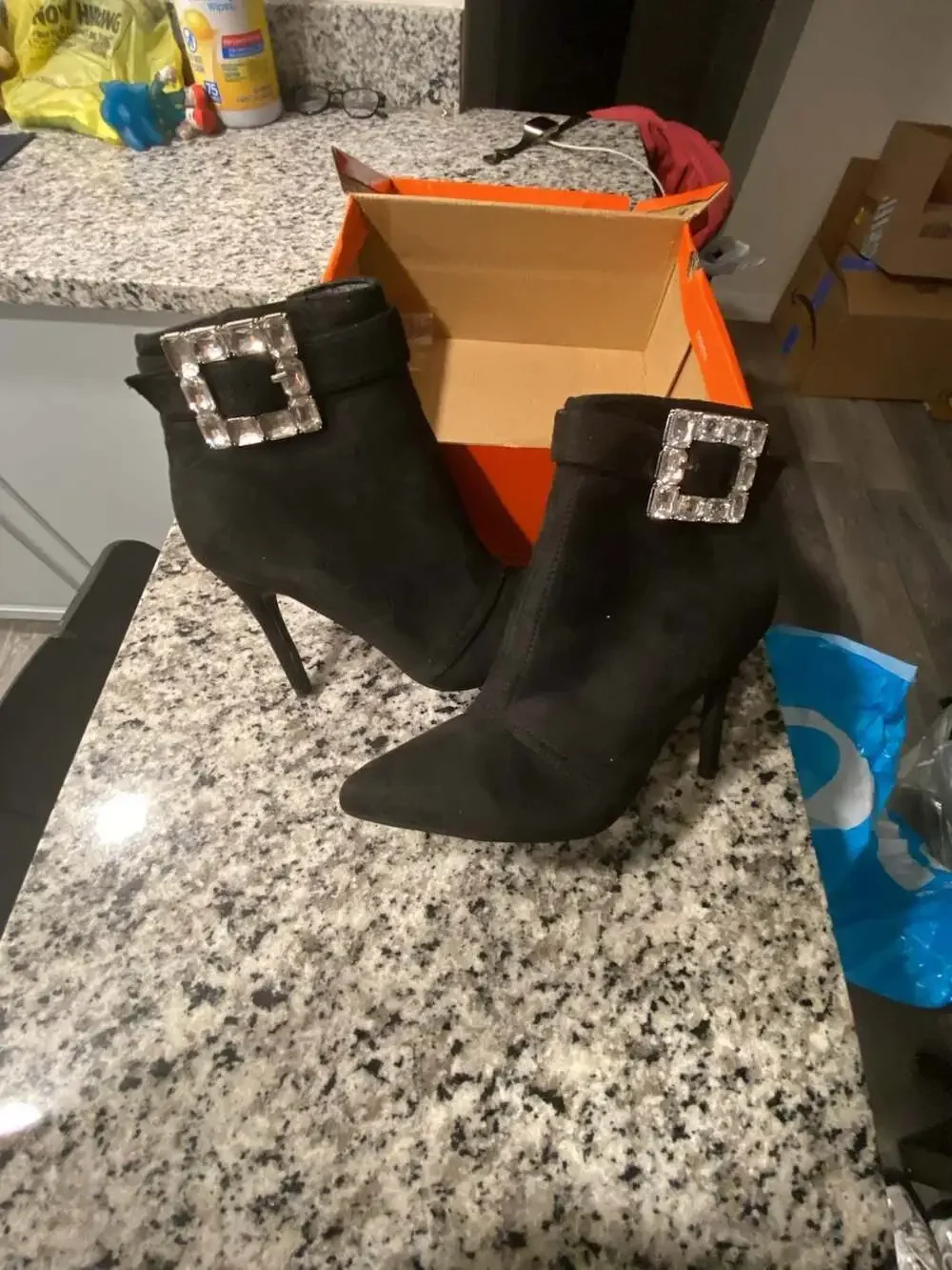 Rouge Black Suede Pointed Toe Stiletto Ankle Boots with Rhinestone Buckle